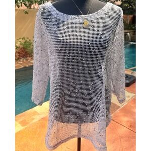 Lulu-B Open Knit Beach Cover Up Sweater White Speckled Oversized Crochet Mesh  M